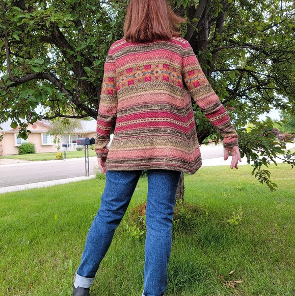 Women Linen Boho Cotton open front  Multicolor Striped Cardigan Sweater | size M - Picture 6 of 16